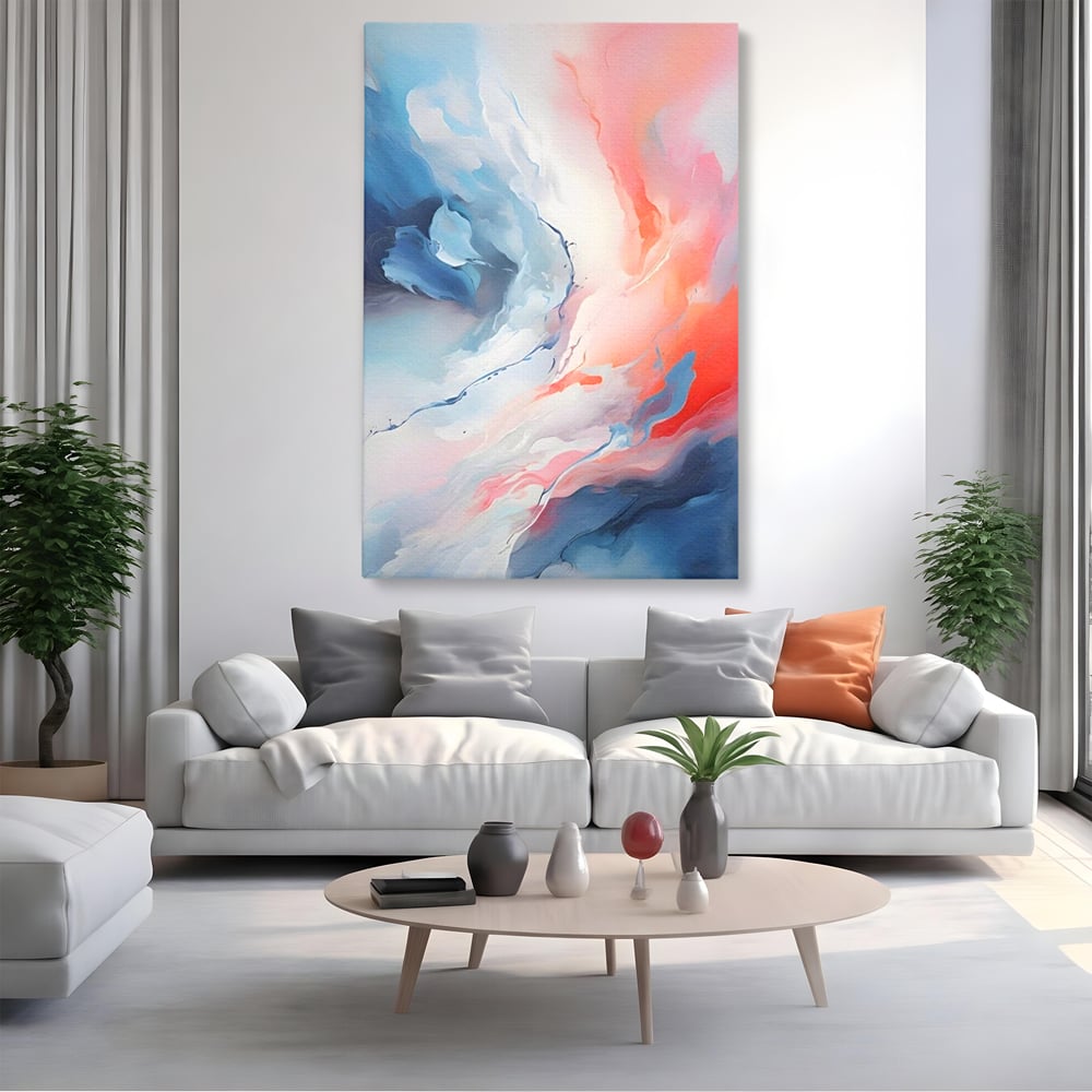 Tablou canvas cu pictura abstracta cu valuri cromatice, fara rama, pe sasiu de lemn, pe perete intr-un living
